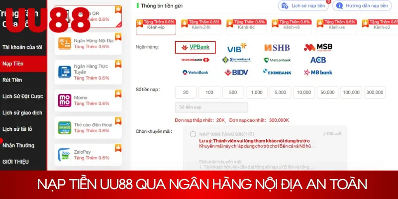 Nạp tiền UU88 qua ngân hàng nội địa an toàn, nhanh chóng